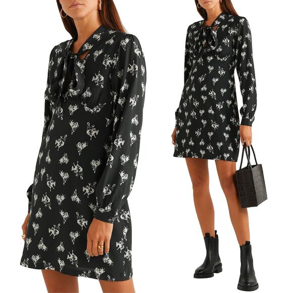 RE/DONE NWT Cowboy Horses Bow 100% Silk Crepe Mini Dress Size S - Picture 1 of 16